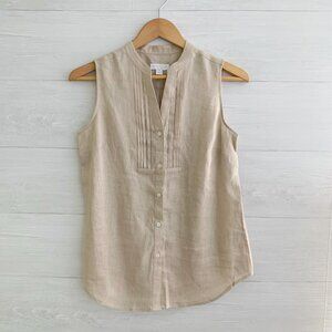 Charter Club Petite - Beige sleeveless partial button linen top, PS
